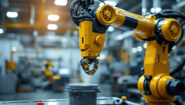 A photograph of a sleek industrial robotic arm in action within a massachusetts-based manufacturing facility