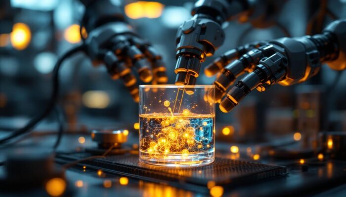 A photograph of a close-up of industrial robots interacting with a transparent container filled with a colorful electrolyte solution