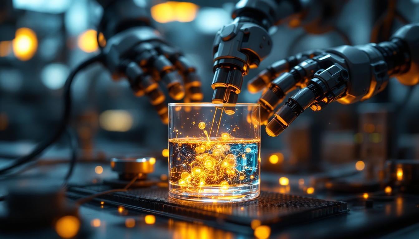 A photograph of a close-up of industrial robots interacting with a transparent container filled with a colorful electrolyte solution