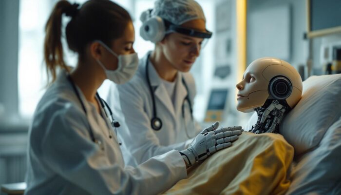 A photograph of a medical training simulation scenario featuring a lifelike robotic patient being interacted with by healthcare professionals