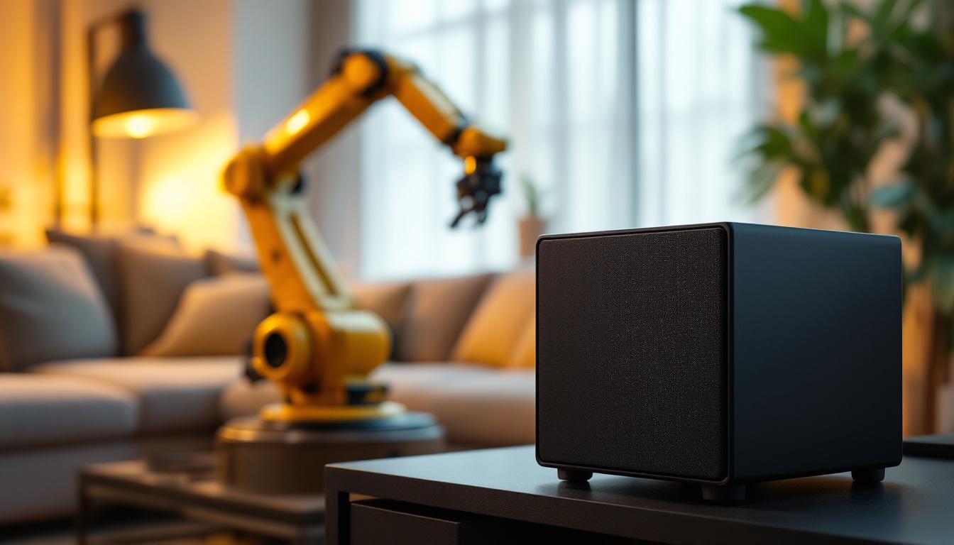 A photograph of capture a photograph of a sleek boston acoustics subwoofer prominently displayed in a modern living room setting