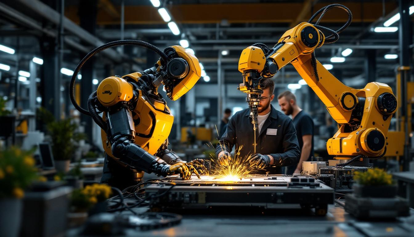 A photograph of a dynamic scene featuring an industrial robot in action