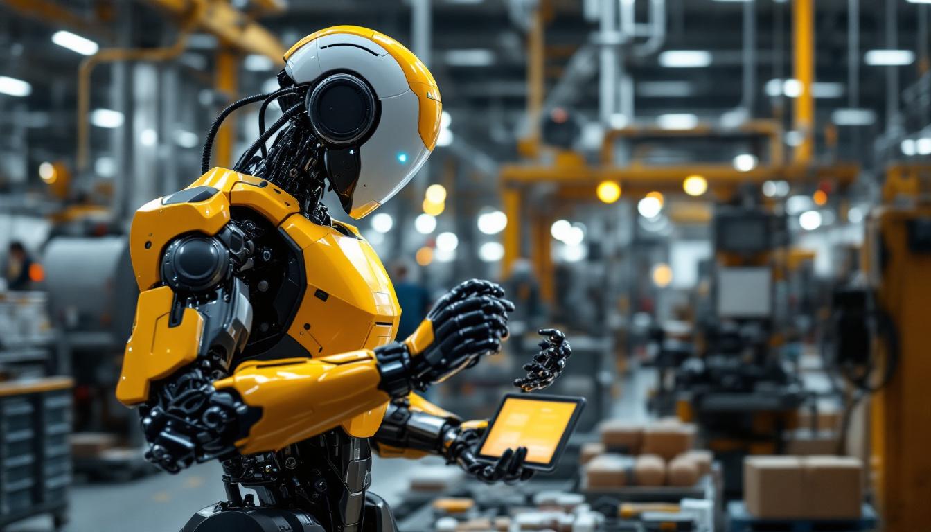 A photograph of a sleek industrial robot in action on a factory floor