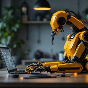 A photograph of a modern home workspace featuring an industrial robot in action