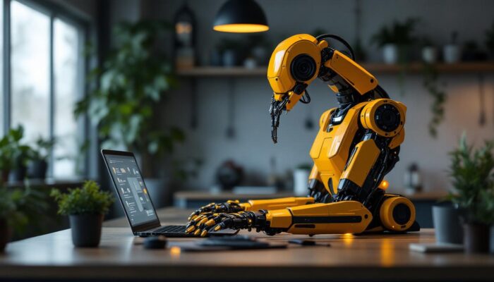 A photograph of a modern home workspace featuring an industrial robot in action