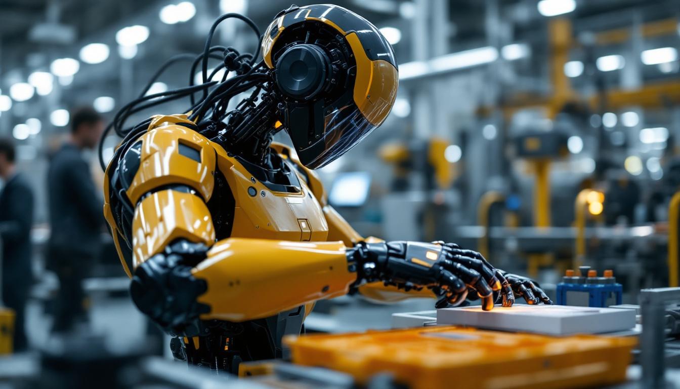 A photograph of a sleek industrial robot in action within a manufacturing environment