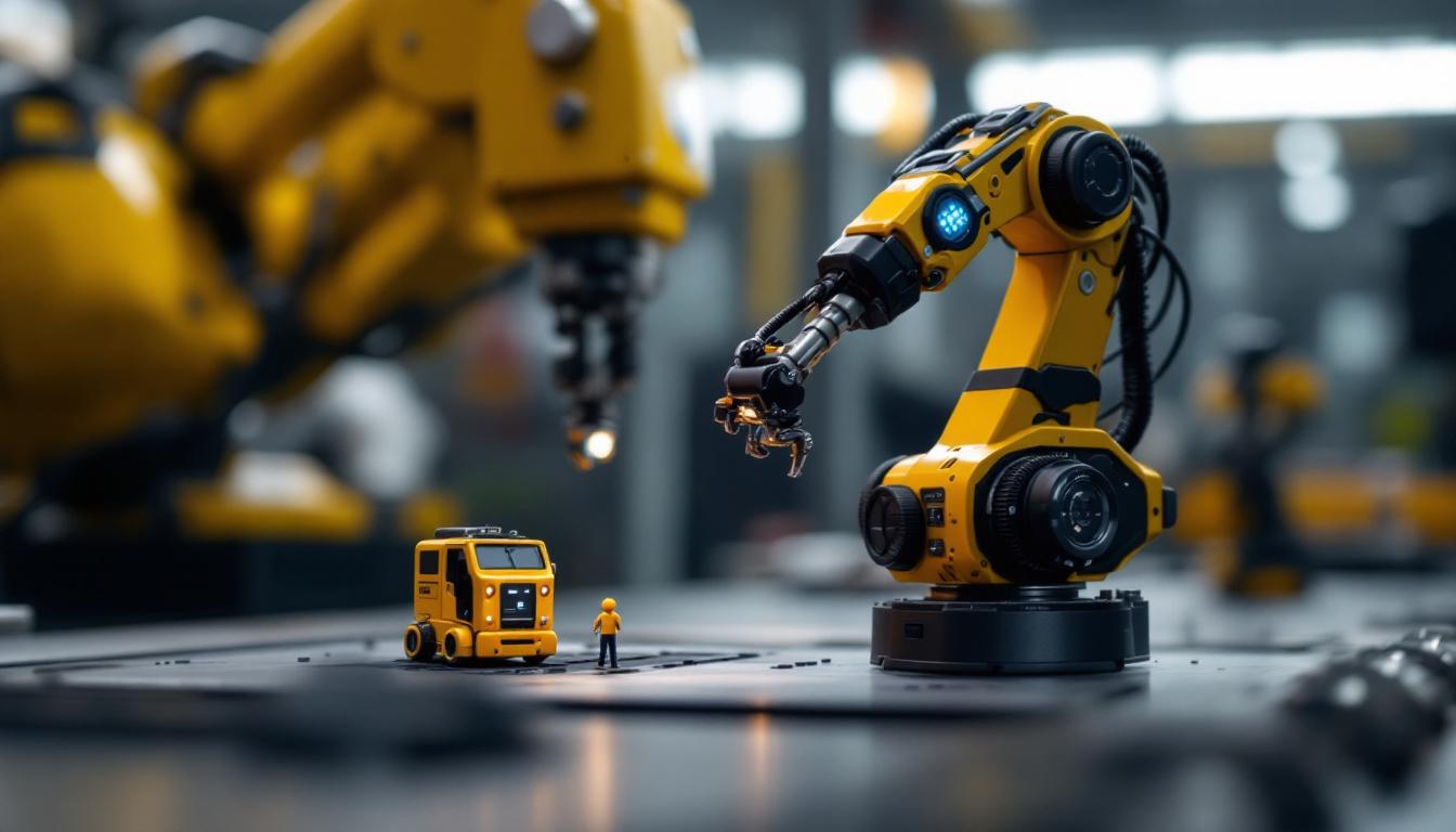 A photograph of a digital scale mini alongside an industrial robotic arm in a well-lit environment