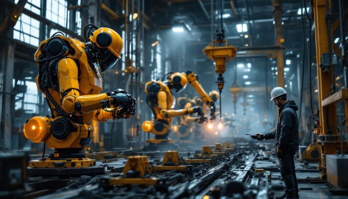 A photograph of a dynamic construction site featuring industrial robots in action