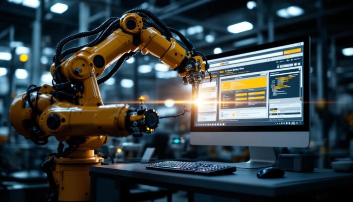 A photograph of a dynamic scene showcasing a robotic arm in action alongside a computer screen displaying test automation software