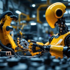 A photograph of a modern industrial robot in action within a factory setting