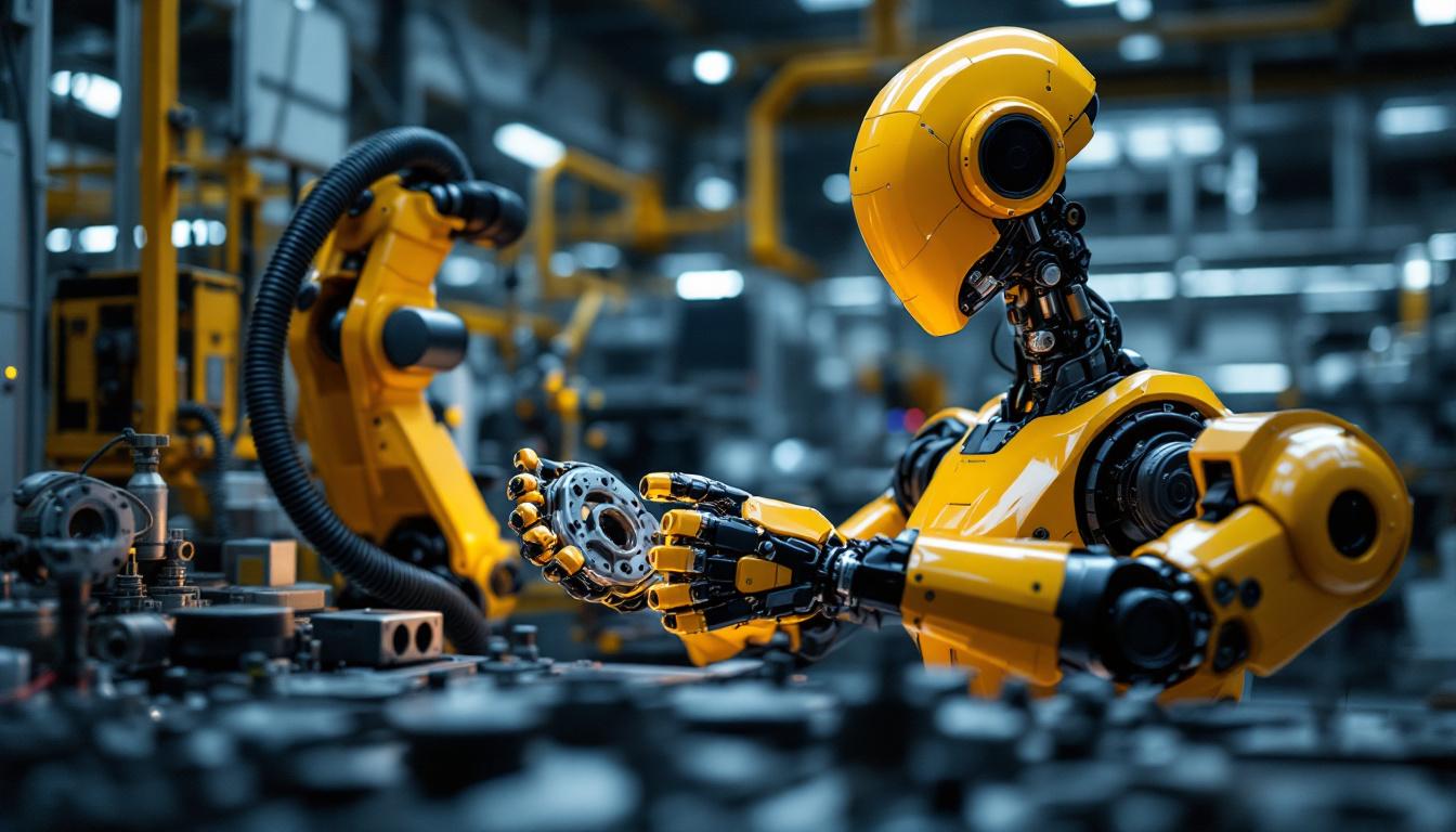A photograph of a modern industrial robot in action within a factory setting