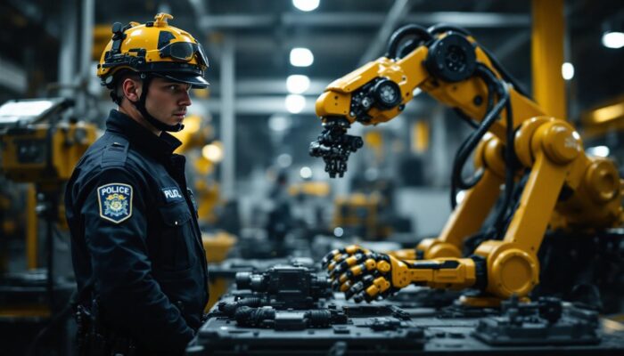 A photograph of a police officer standing alongside an industrial robotic arm