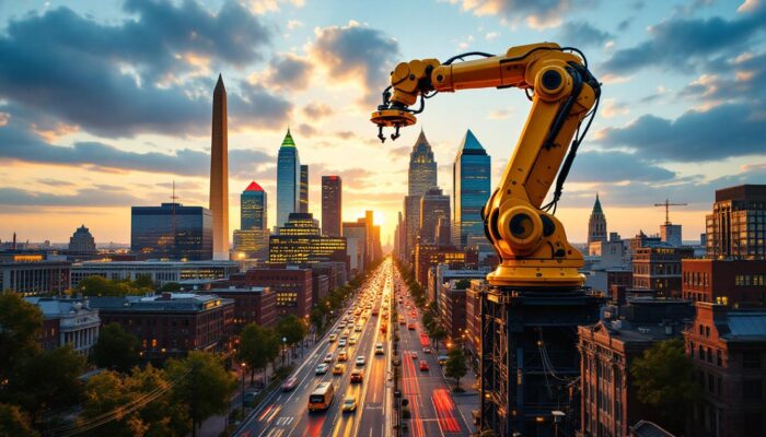 A photograph of a dynamic urban landscape that showcases both the iconic skyline of washington