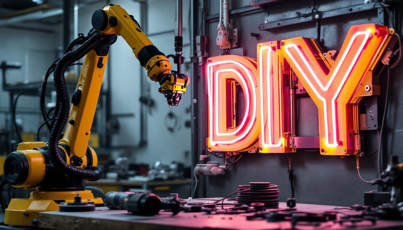 A photograph of a vibrant diy neon sign in the process of being assembled