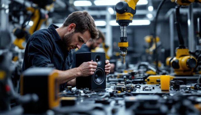 A photograph of a skilled technician performing intricate repairs on a revel speaker