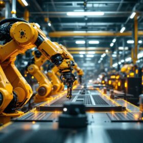 A photograph of a bustling industrial environment showcasing advanced robotic systems in action
