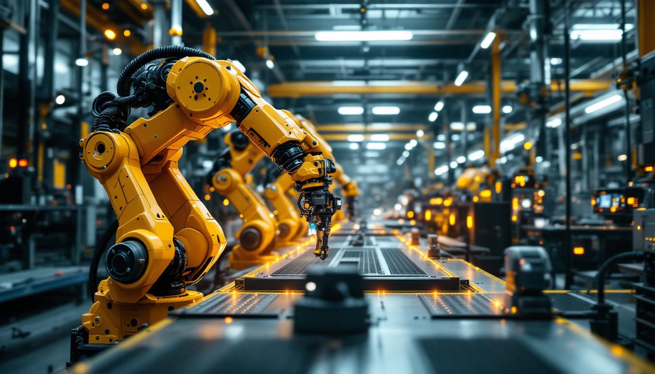 A photograph of a bustling industrial environment showcasing advanced robotic systems in action