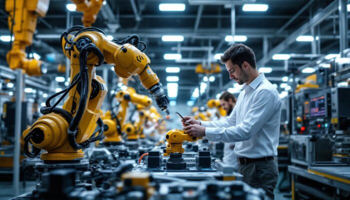 A photograph of a dynamic industrial robotics environment at boston scientific