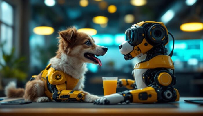A photograph of a playful dog interacting with a robotic arm in a bright