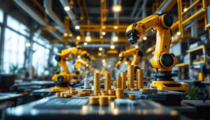 A photograph of a dynamic industrial robotics workspace