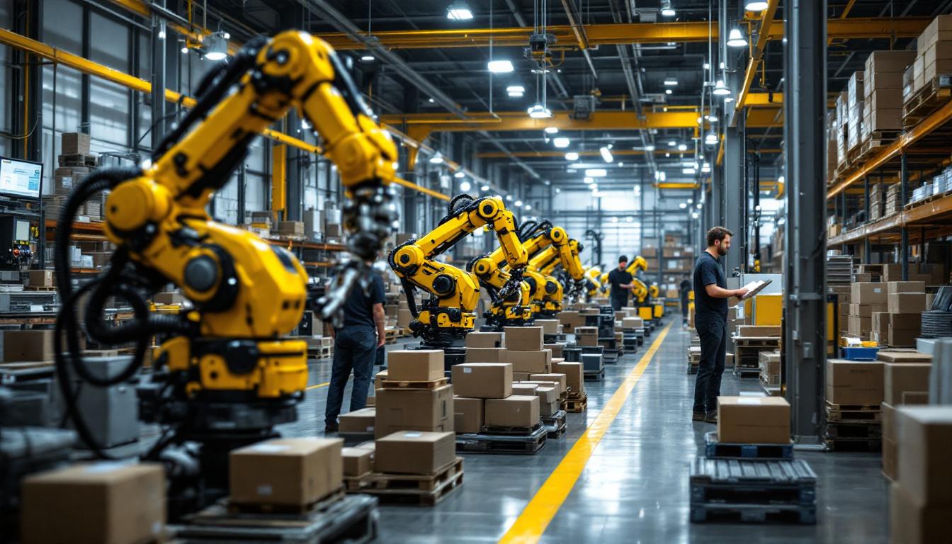 A photograph of a bustling warehouse environment showcasing industrial robots in action