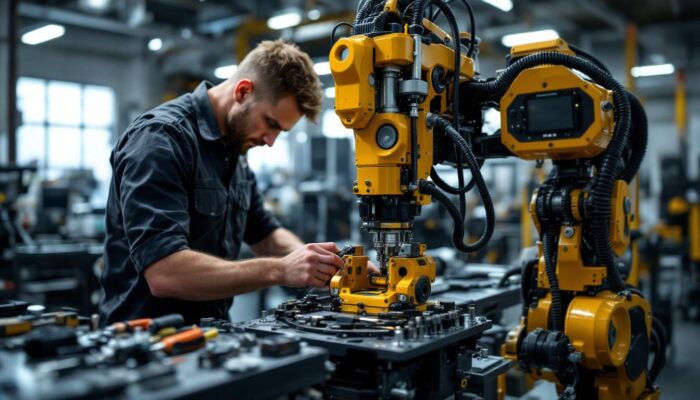 A photograph of a fitness repair technician expertly working on a high-tech industrial robotic machine in a well-lit workshop