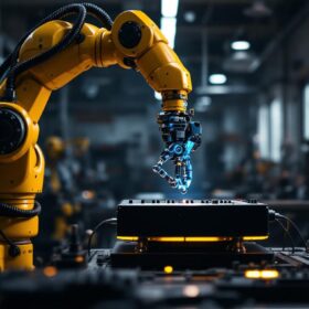 A photograph of an industrial robotic arm delicately manipulating a musical instrument in a high-tech workshop