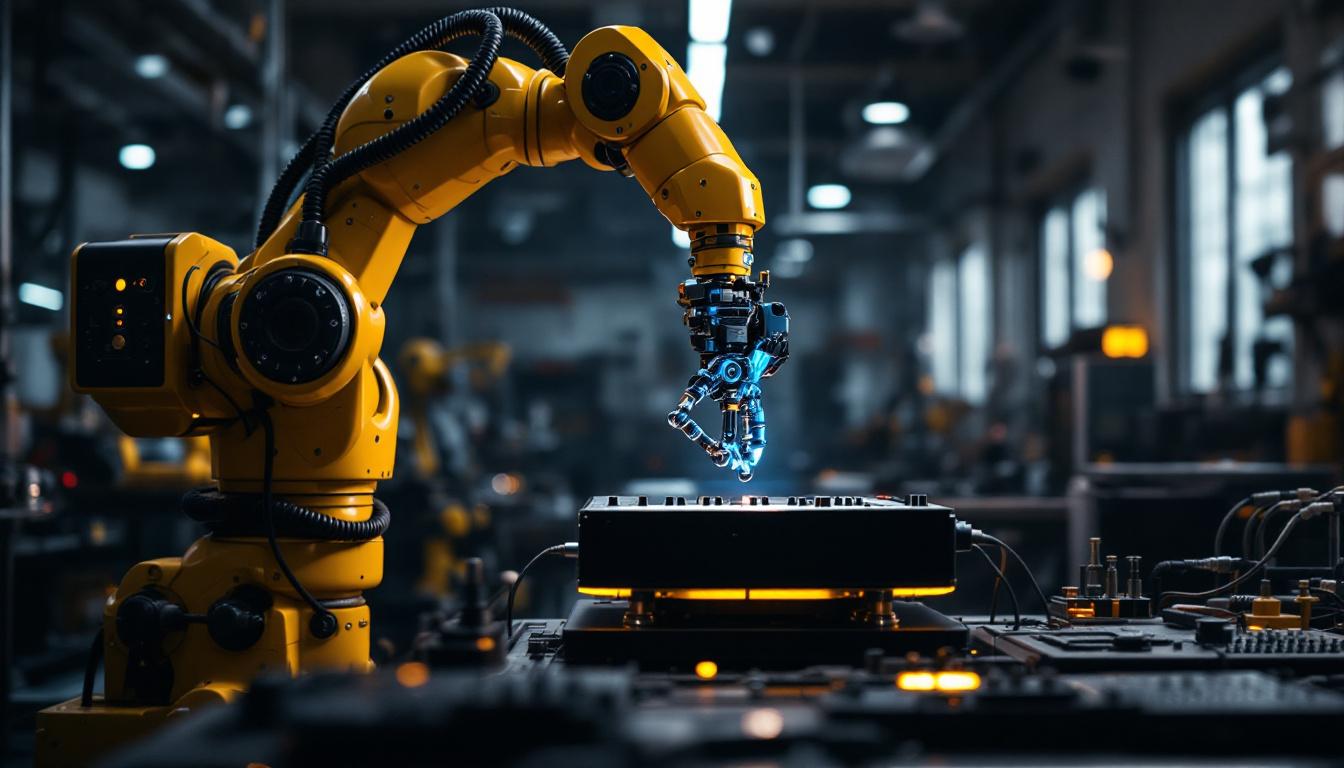 A photograph of an industrial robotic arm delicately manipulating a musical instrument in a high-tech workshop