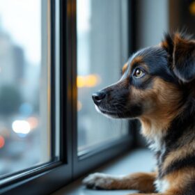A photograph of a curious dog perched on a windowsill