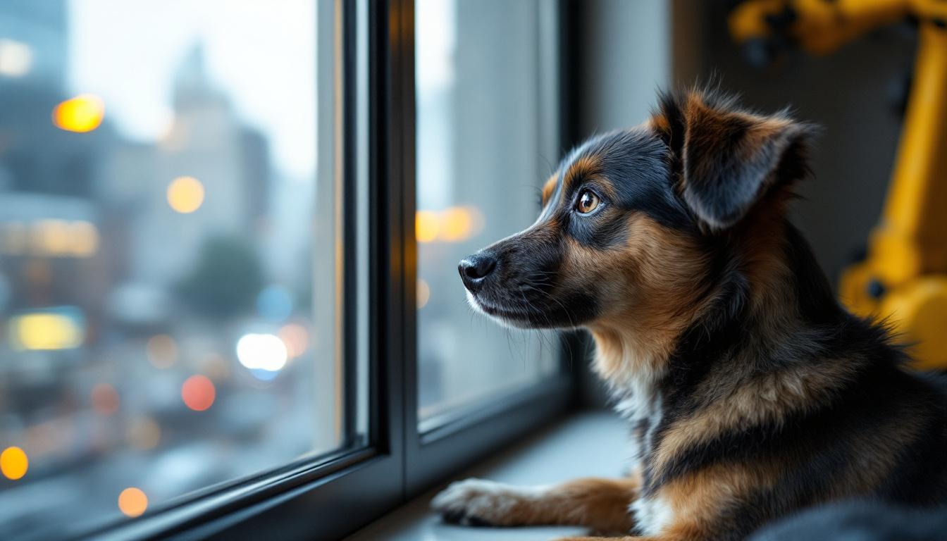 A photograph of a curious dog perched on a windowsill