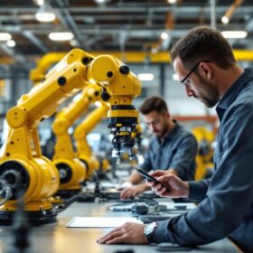 A photograph of a modern industrial robotics lab in houston