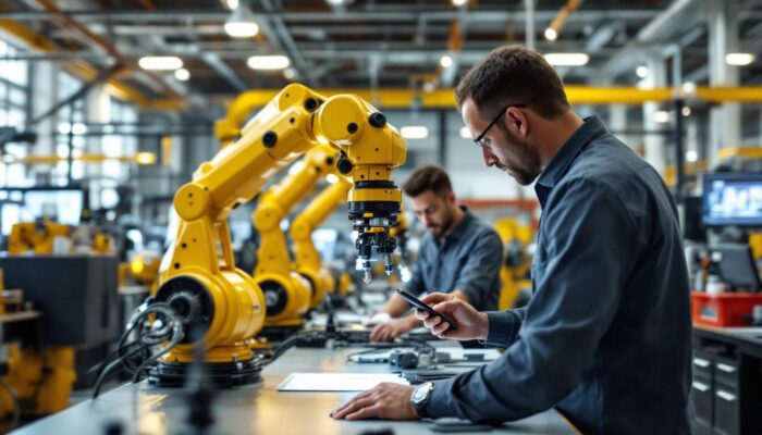 A photograph of a modern industrial robotics lab in houston