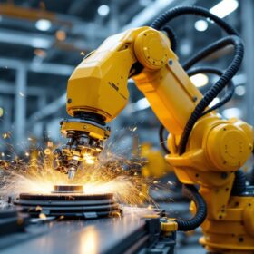 A photograph of a dynamic industrial robot in action