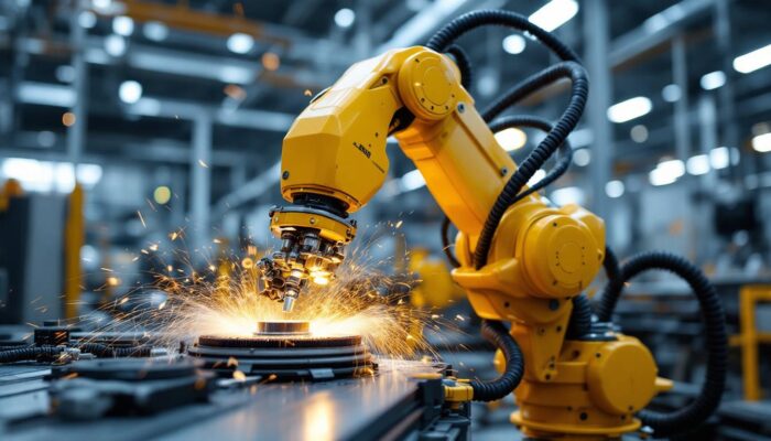 A photograph of a dynamic industrial robot in action