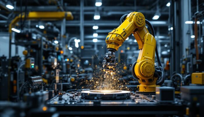 A photograph of a dynamic industrial setting featuring a robotic arm in action