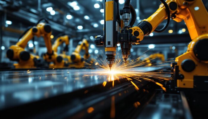 A photograph of a dynamic industrial setting showcasing a high-tech laser cutting machine in action