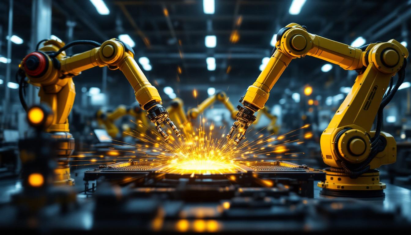 A photograph of a modern industrial workspace featuring advanced robotics in action