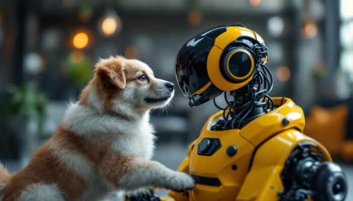 A photograph of a playful dog interacting with a sleek industrial robot