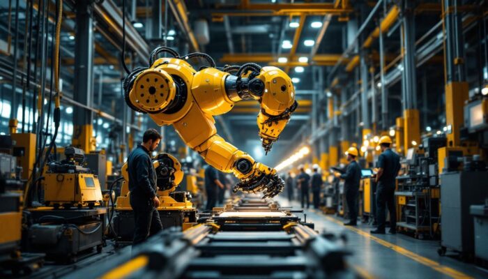 A photograph of a large industrial robot in action on a factory floor
