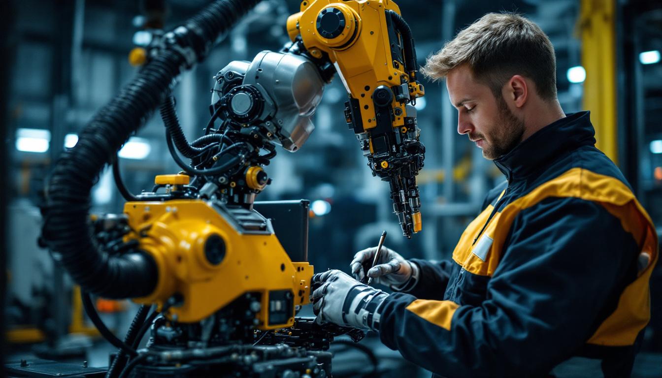 A photograph of a skilled technician working on an industrial robot in a modern manufacturing setting