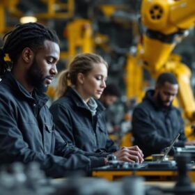 A photograph of a diverse group of entry-level professionals engaged in hands-on training with industrial robots in a dynamic workplace setting
