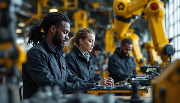 A photograph of a diverse group of entry-level professionals engaged in hands-on training with industrial robots in a dynamic workplace setting