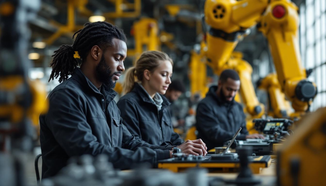 A photograph of a diverse group of entry-level professionals engaged in hands-on training with industrial robots in a dynamic workplace setting