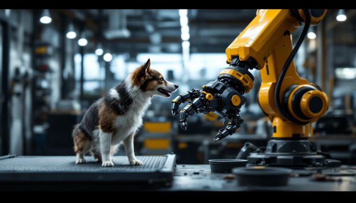 A photograph of a dynamic industrial robotic arm in action alongside a playful dog