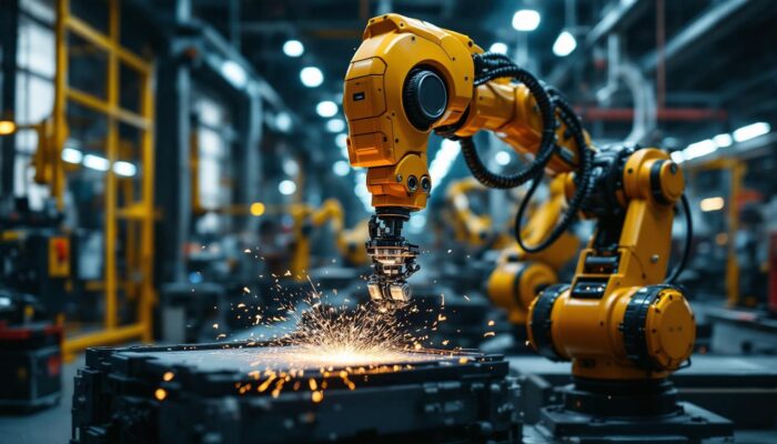 A photograph of a dynamic scene showcasing a collaborative industrial robot in action within a high-tech boston manufacturing facility