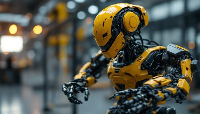 A photograph of a military or industrial robot in action