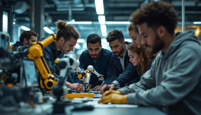 A photograph of a diverse group of students engaged in hands-on activities with industrial robots in a dynamic lab setting