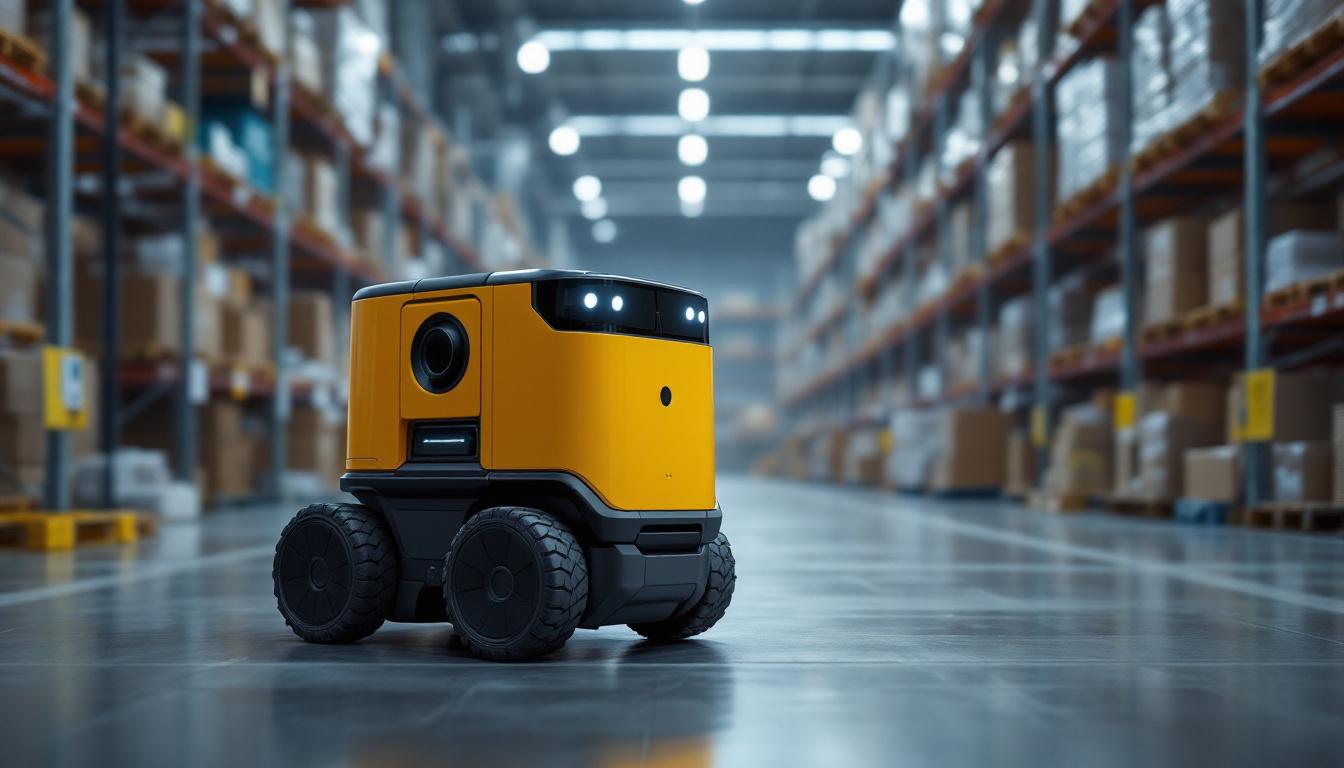 A photograph of a mobile warehouse robot in action