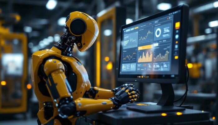 A photograph of a modern industrial robot in action