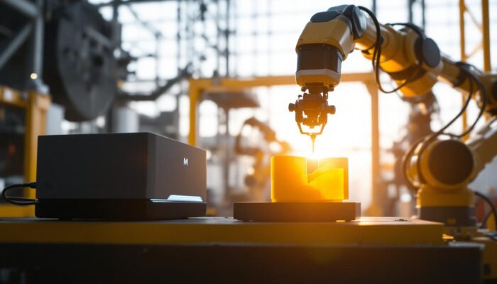 A photograph of capture a photograph of the matter and form 3d scanner v2 in a dynamic industrial setting